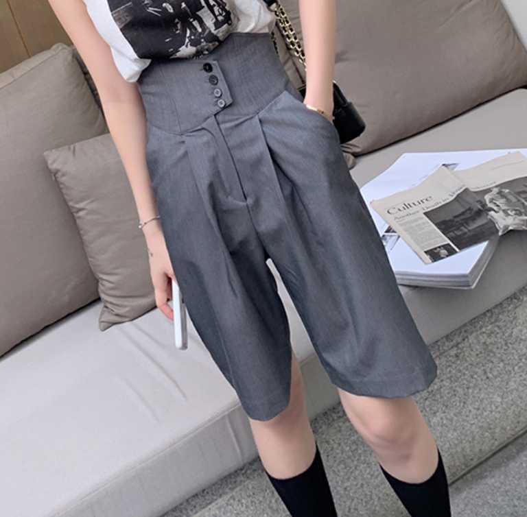 summer fashion High waist wide leg shorts women loose straight casual knee length blazer shorts 210611