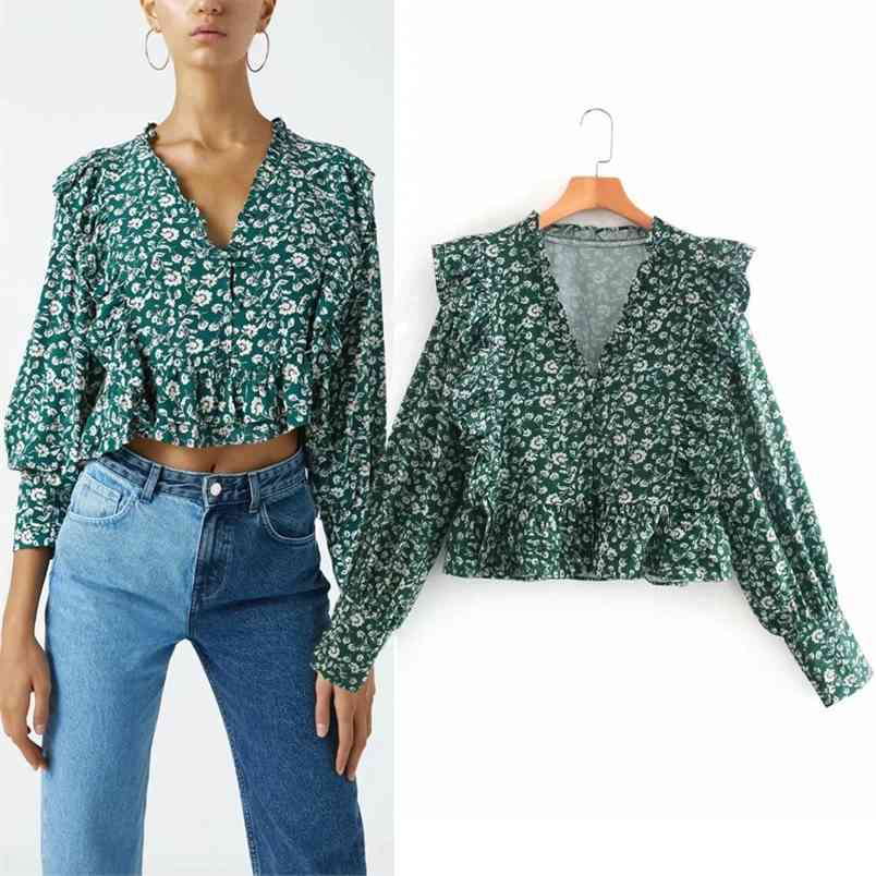 Crop Top Women Green Printed Ruffle Blouse Woman Vintage V-Neck Puff Sleeve Button Up Shirt Ladies Fall Casual Tops 210519
Crop Top Women Green Printed Ruffle Blouse Woman Vintage V-Neck Puff Sleeve Button Up Shirt Ladies Fall Casual Tops 210519