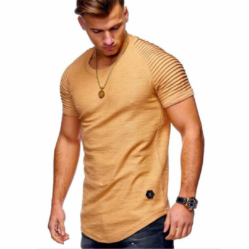 summer solid color design striped ruffled sleeve mens T-shirt Slim round neck T-shirt casual T-shirt solid color Clothes