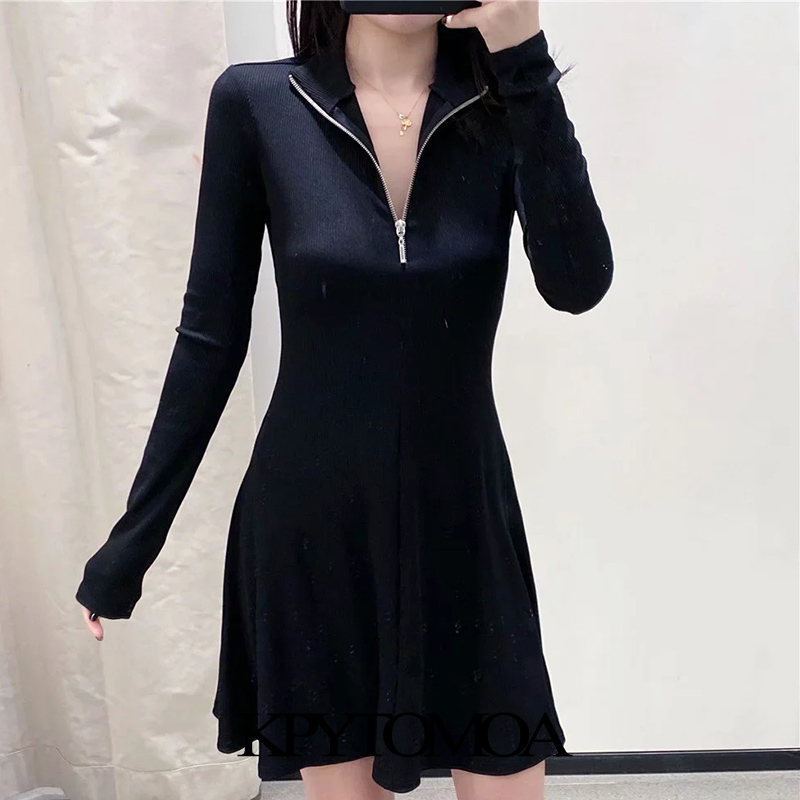 Women Chic Fashion With Half-Zip Ribbed Mini Dress High Neck Long Sleeve Female Dresses Vestidos Mujer 210420