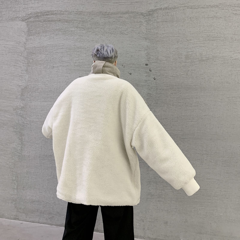 IEFB oversized men's clothes corduroy patchwork Multi Pocket loose lamb wool cotton padded coat stand collar jackets zipper 4430 210524