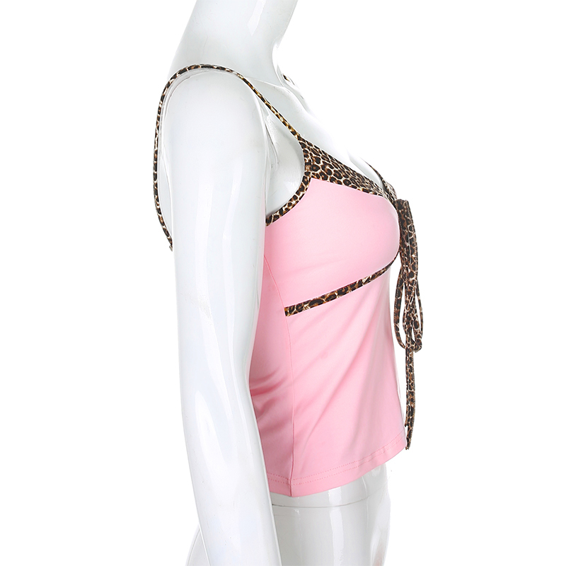 IAMHOTTY Pink Solid Patchwork Leopard Pint Y2K Crop Top Women V Neck Sexy Bodycon Casual Outfits Girls Tops Femme Harajuku Tees 210407