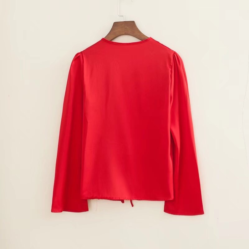 Autumn Green Lacing up Polka Dot Print Bow Tie Shirt Holiday Woman Long Sleeve Ruched Cuff Deep V-Neck Cardigan Sexy Blouse 210429