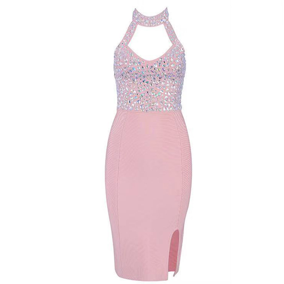 Autumn Women'S Bandage Dress Celebrity Party Sexy Bodycon Hanging Neck V-Neck Beaded Open Back Vestidos 210525