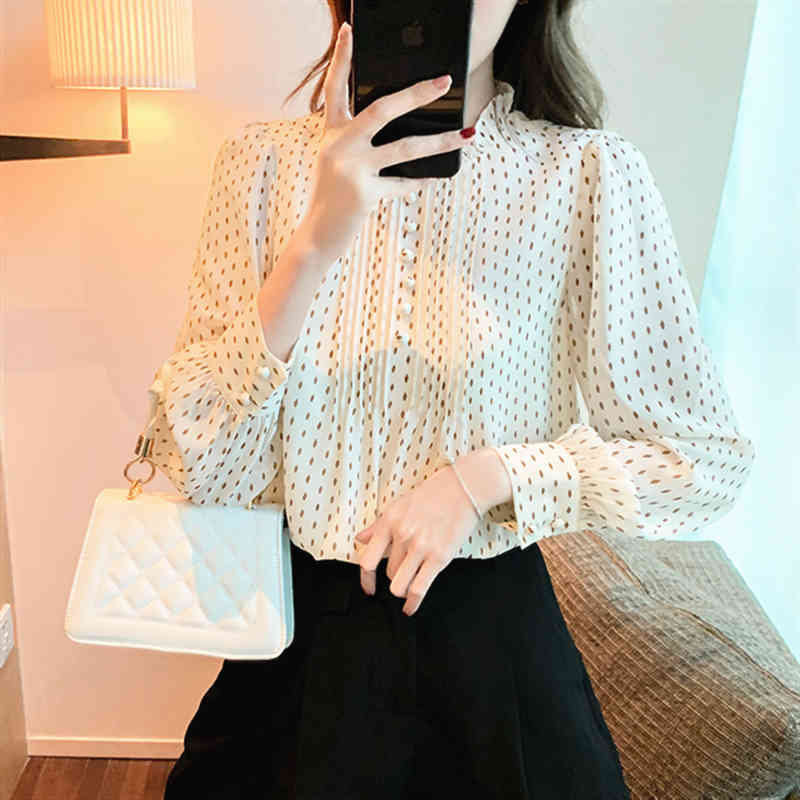 Loose Polka Dot Chiffon Blouse Women Spring Long Sleeve Office Ladies Shirt Tops Stand Collar Casual Blouses 13074 210512