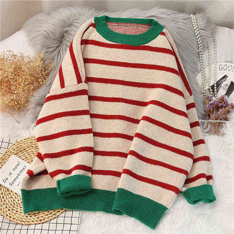 EBAIHUI Striped Sweater Women Casual Loose Pullover O-neck All-match Knitted Top Jumper Fall Long Sleeve Chic Knit Sweaters 211109