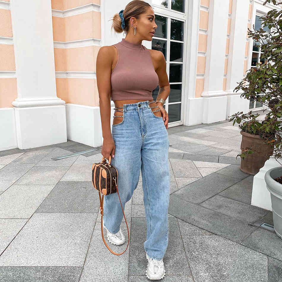 Free Chic Cutout Jeans Fashion Waist Chain Straight Casual Women's Summer Loose High Long 210524