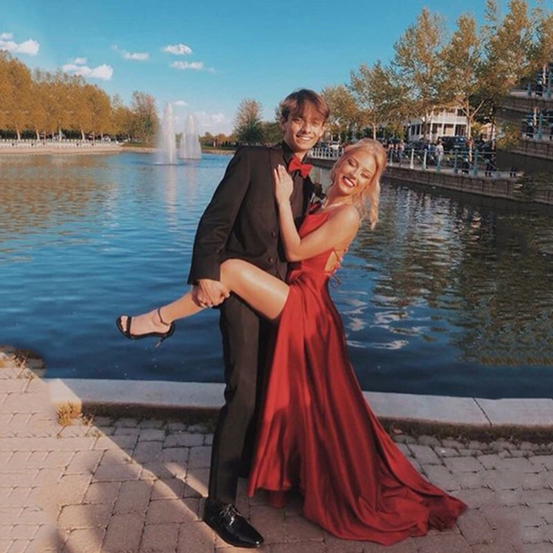 Halter Neck Prom Dresses 2021 Sexy Backless Front Split Satin A-line Evening Party Dress Vestidos De Festa Longo