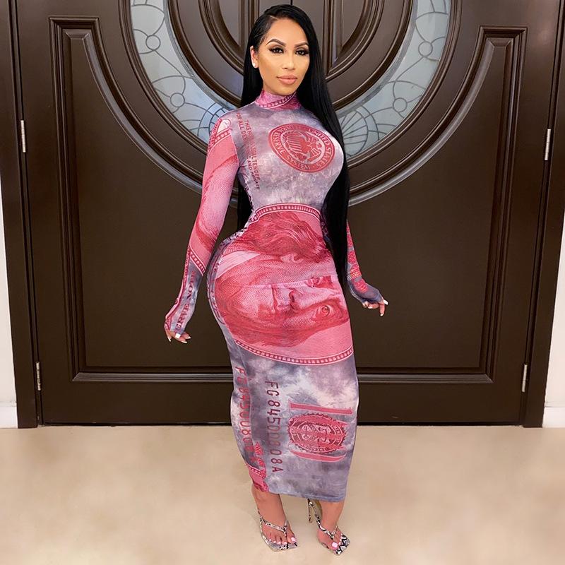 Sexy Black/gold Money Printed Stretch Mesh Dresses For Women Party Club Sheer Long Sleeve Bodycon Maxi Dress D85-BE16 Casual