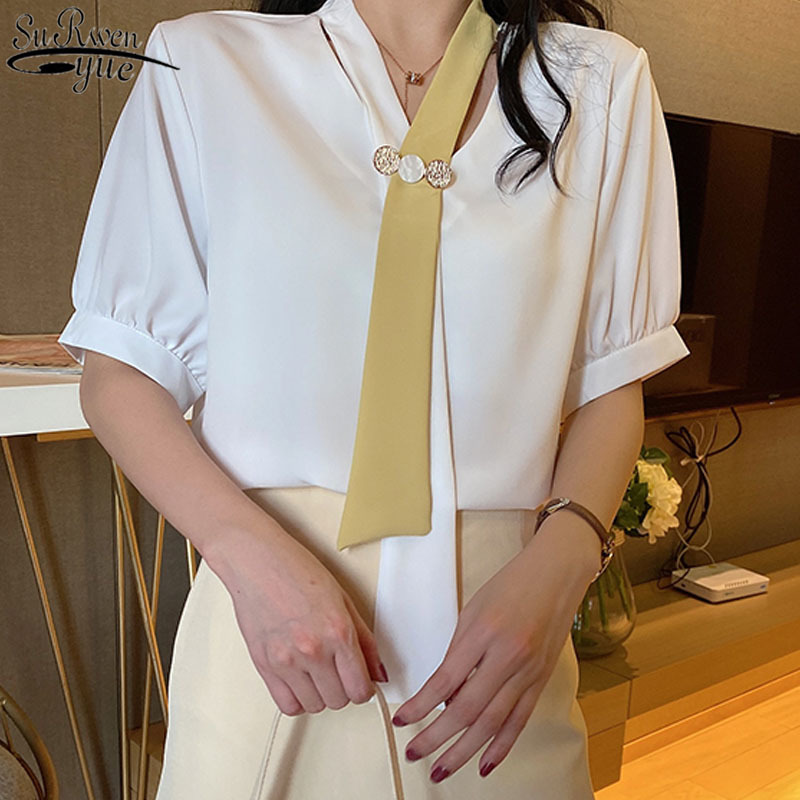 Korea Style Blouse Women Summer Vintage Necktie Sexy V-neck Short Sleeve Woman's Shirt Puff Chiffon 10352 210427
