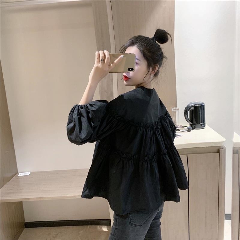 V Neck Puff Sleeve Blouses Women Solid Korean Pleated Chic Loose Shirts Spring Ins Elegant Blusas Tops 14992 210415