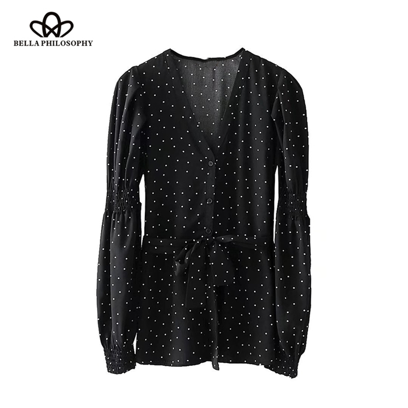spring women casual fashion black blouse long sleeve bow shirt polka dot female V neck 210519
spring women casual fashion black blouse long sleeve bow shirt polka dot female V neck 210519