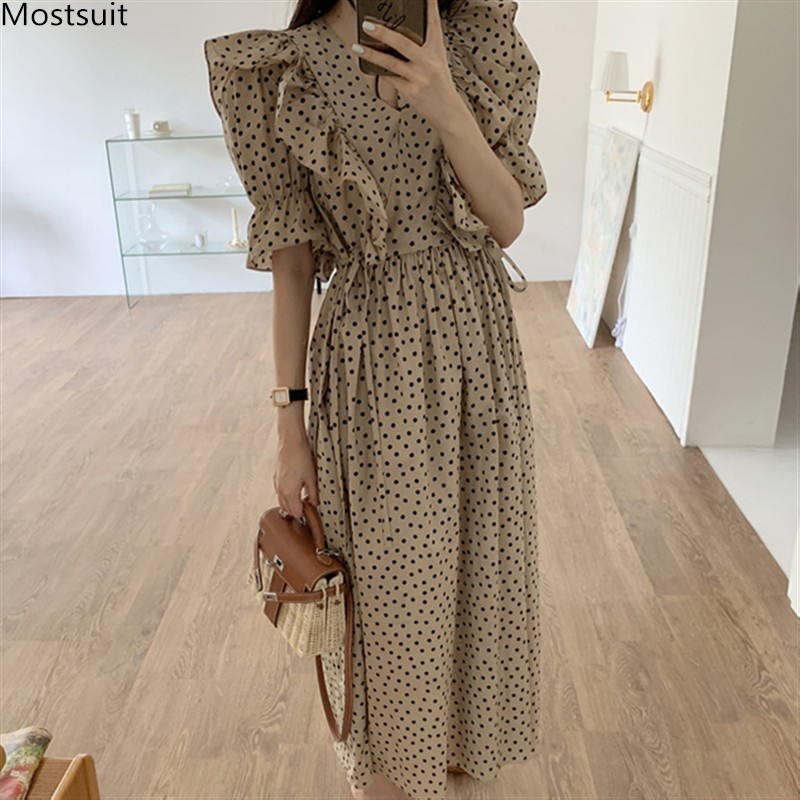 Summer Chiffon Dress Women Short Sleeve V-neck Dot Bandage Elegant Long Ruffle Pleated Dresses Korean Ropa Mujer 210518, Khaki
Summer Chiffon Dress Women Short Sleeve V-neck Dot Bandage Elegant Long Ruffle Pleated Dresses Korean Ropa Mujer 210518, Khaki