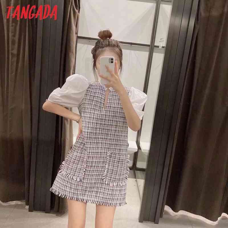 Women Plaid Tweed Puff Short Sleeve Ladies Mini Dress Vestidos 3H204 210416