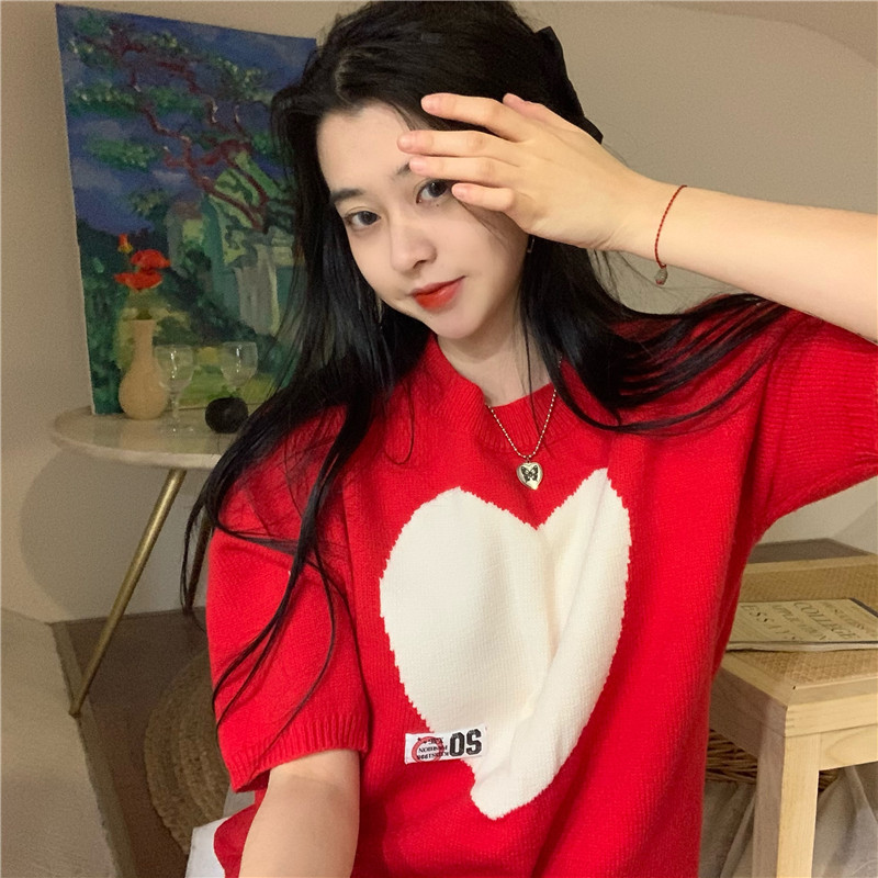 Nomikuma Short Sleeve Knitwear Tops Spring Korean Love Heart Knitted Pullovers Causal O-neck Hit Color Jumpers 6E990 210427