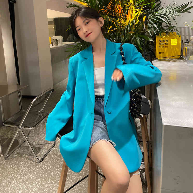 Blue Blazer Women's Spring Autumn Notched Large Size Single Button Back Split Long Sleeve Suit Coat Female 210427