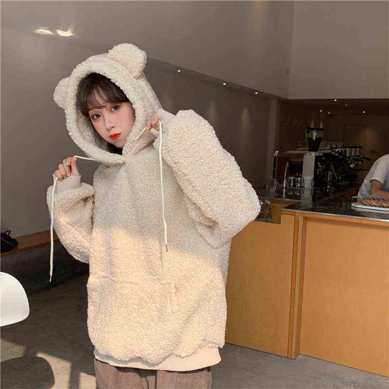 QRWR Women Hoodie Korean Style Winter Casual Cute Kawaii Warm Sweatshirt Loose Female Pocket Oversized Hoodies for Girls 211108