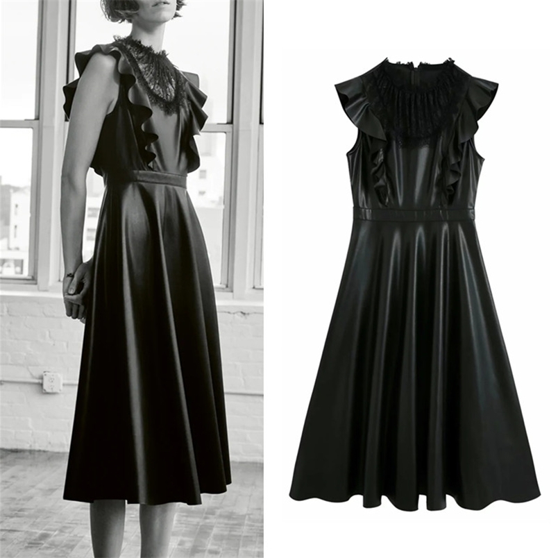 Faux Leather Dress Women Summer Short Sleeve Lace O-neck A-line Midi Ladies Vintage Side Ruffle es 210519, Black
Faux Leather Dress Women Summer Short Sleeve Lace O-neck A-line Midi Ladies Vintage Side Ruffle es 210519, Black