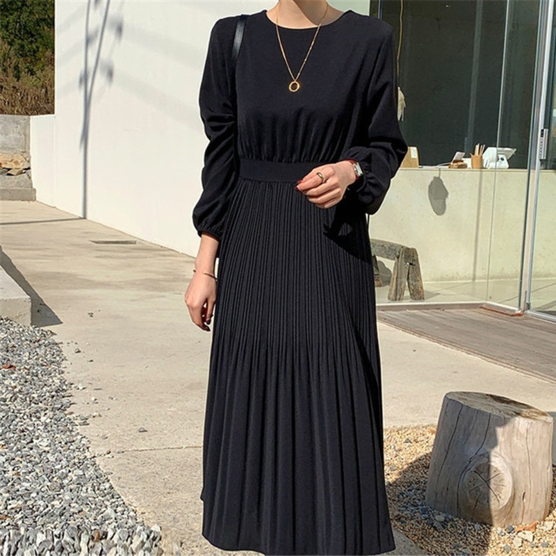 Minimalist Autumn Long Pleated Dress Women Vintage Elegant OL Work Wear O-neck Sleeve Maxi Dresses Vestidos 210421