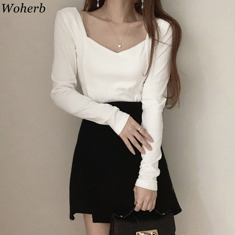 Sexy Lady Woman Tshirts Square Collar Slim Shirt Elegant Chic Pullovers Tees Spring Simple Long-sleeve White Tops Female 210519