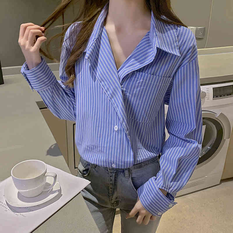 women fashion Spring blue Striped base Oversized Blouses Female Tops Loose Long Sleeved Shirt Women's 660E 210420
