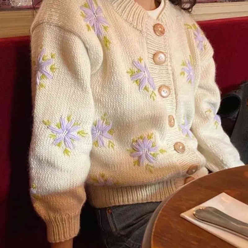 Foridol floral embriodery cardigan women autumn winter knitted casual chic sweater cardigans vintage french cardigan 210415