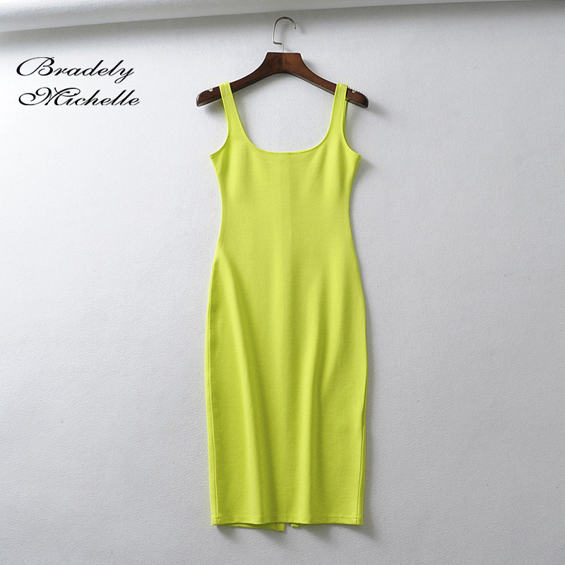 Bradely Michelle Summer Dress Vestido Women's Sexy Back slit Sleeveless Bodycon Tank Knee-length Dress 210331