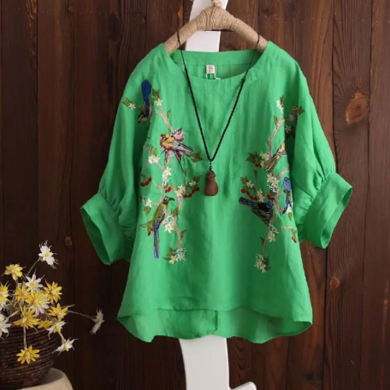 Summer Women Tshirt Plus Size Lantern Sleeve Loose Tee Shirt Femme cotton linen flower bird Embroidery Vintage Tops HXJ06 210512