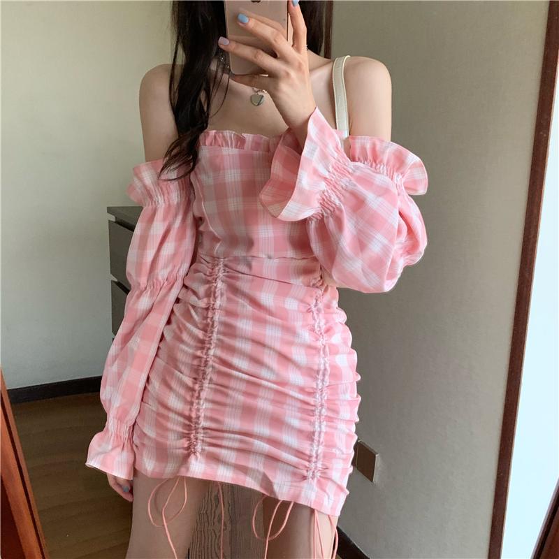 Casual Dresses 2021 Autumn Sexy Waist Puff Sleeves Slimming Shoulder Bag Hip Drawstring Plaid Dress