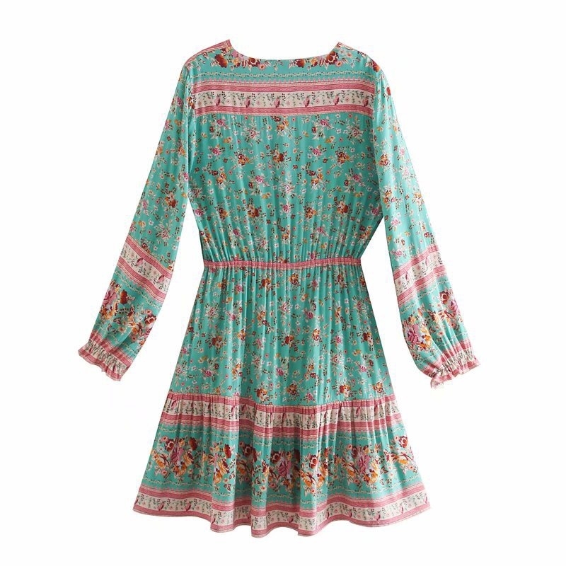 Turquoise Buttons V neck Floral Print Long Sleeve BOHO Dress Hippie Woman Adjustable Lacing up Waist Short Holiday Dresses 210429