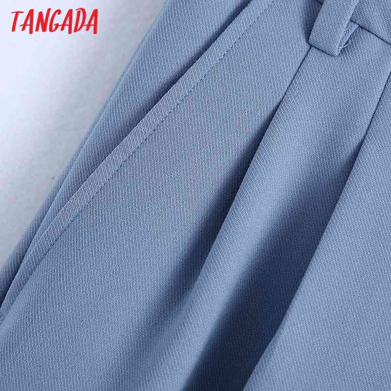 Fashion Women Blue Suit Trousers Pockets Buttons Office Lady Pants Pantalon BE322 210416