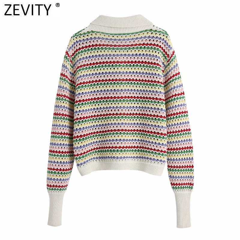 Zevity Women Rainbow Striped Print Hollow Out Crochet Knitted Sweater Coat Female Chic Breasted Jacquard Cardigan Tops SW803 210918