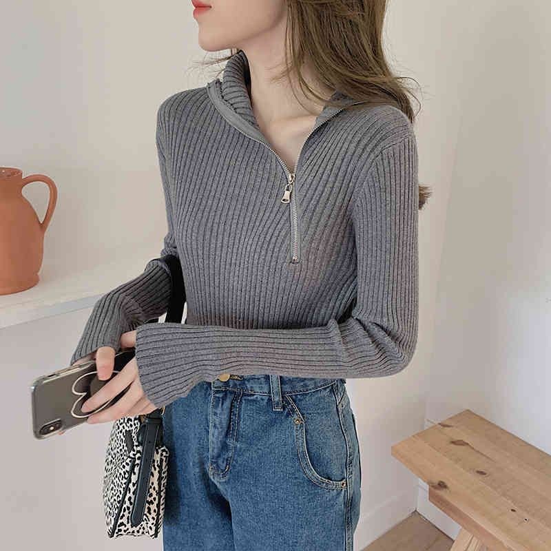 Colorfaith New Women's Knitwears Autumn Winter Slim Warm Turtleneck Pullover Minimalist Zipper Bottomings Lady Tops SW6082 210413