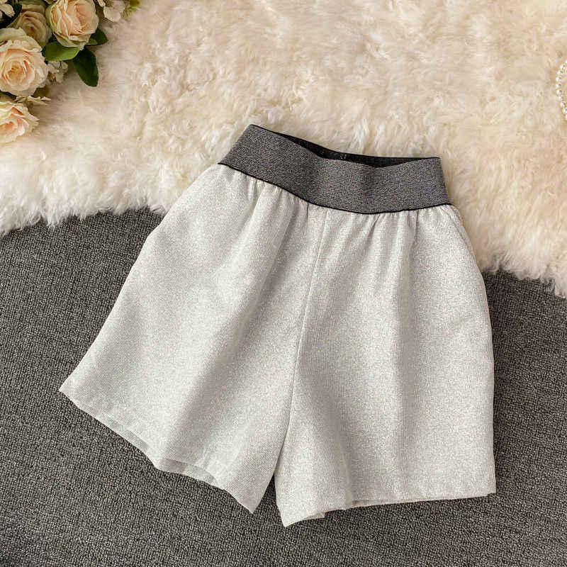 Korea Blingbling Stretch High Waist Wide Leg Shorts Summer Causal Women Short Pantalones Cortos De Mujer 6G753 210603