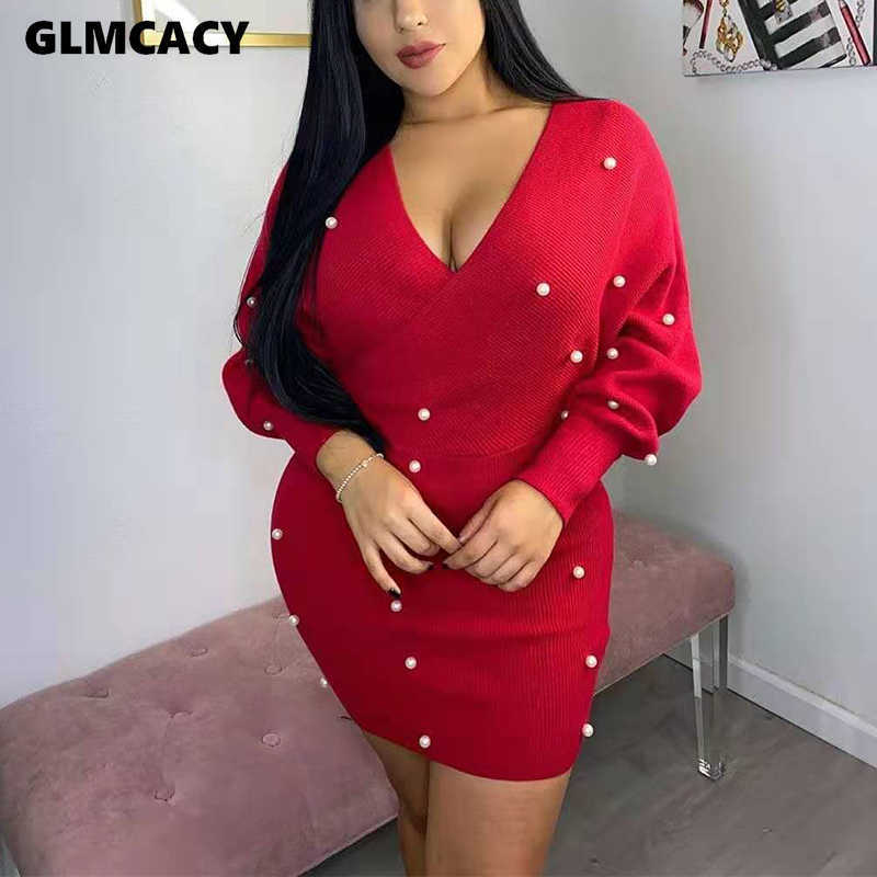 Women V Neck Bodycon Dress Pearls Beading Midi Dress Sexy Club Party Dresses Slim Fit Vestidos Mujer 210702