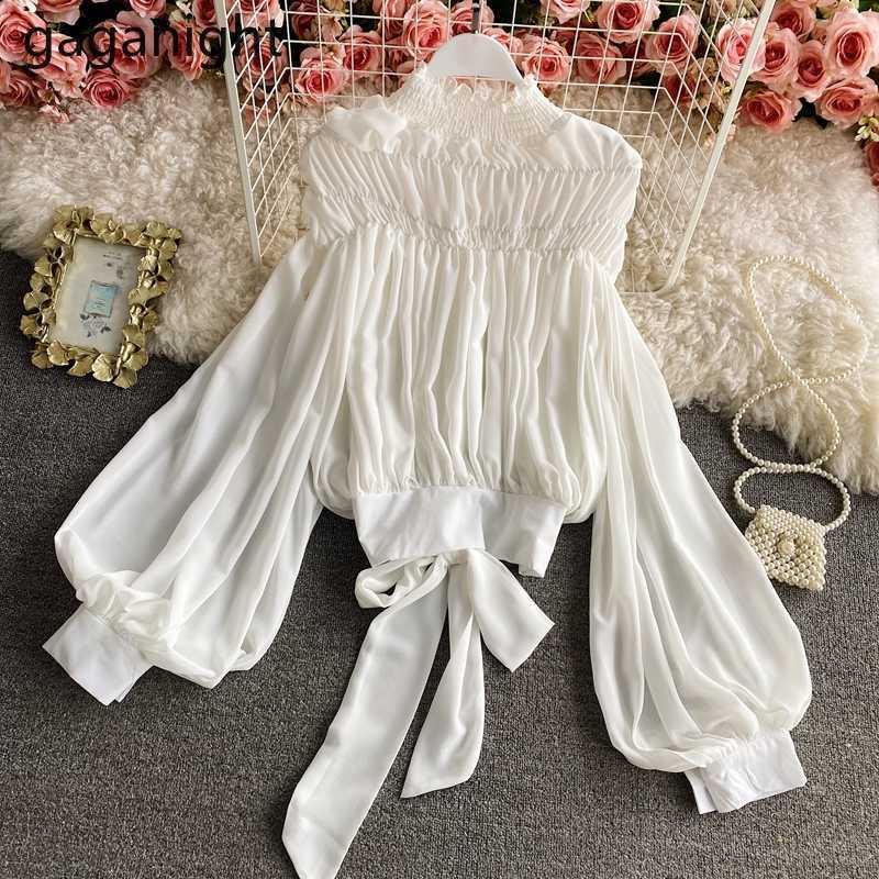 Women Chiffon Blouses Elegant Office Ladies Tops Spring Solid Half Turtleneck Shirts Long Lantern Sleeve Party Blusas 210601