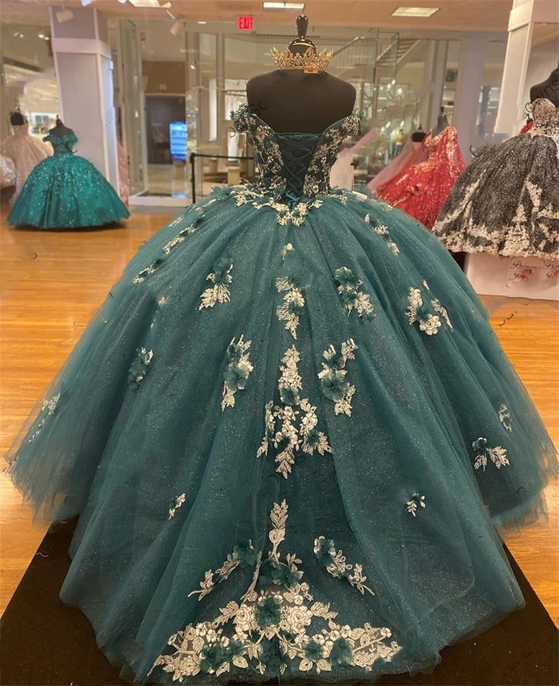 Hunter Green 3D Floral Quinceanera Dresses 2022 Off Shoulder Lace-up Corset Back Puffy Skirt Sweety 15 Vestidos de Quinceañera