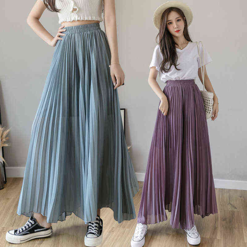 Women Summer Autumn Pleated Loose Pants Fashion Female Chiffon Elastic Waist Skirt Black Blue Wide Leg Femme 211124Z