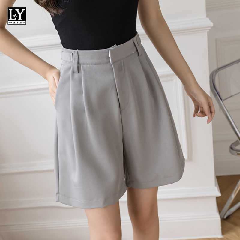 LY VAREY LIN Summer Women Loose Solid Color High Waist Soft Ladies Shorts Casual Female Straight Wide Leg Black 210526