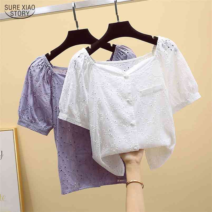 Fashion Women Blouses Sweet Hollow Out Solid Chiffon Blouse Loose Puff Sleeve Cardigan Square Collar Woman's Shirts 9878 210506