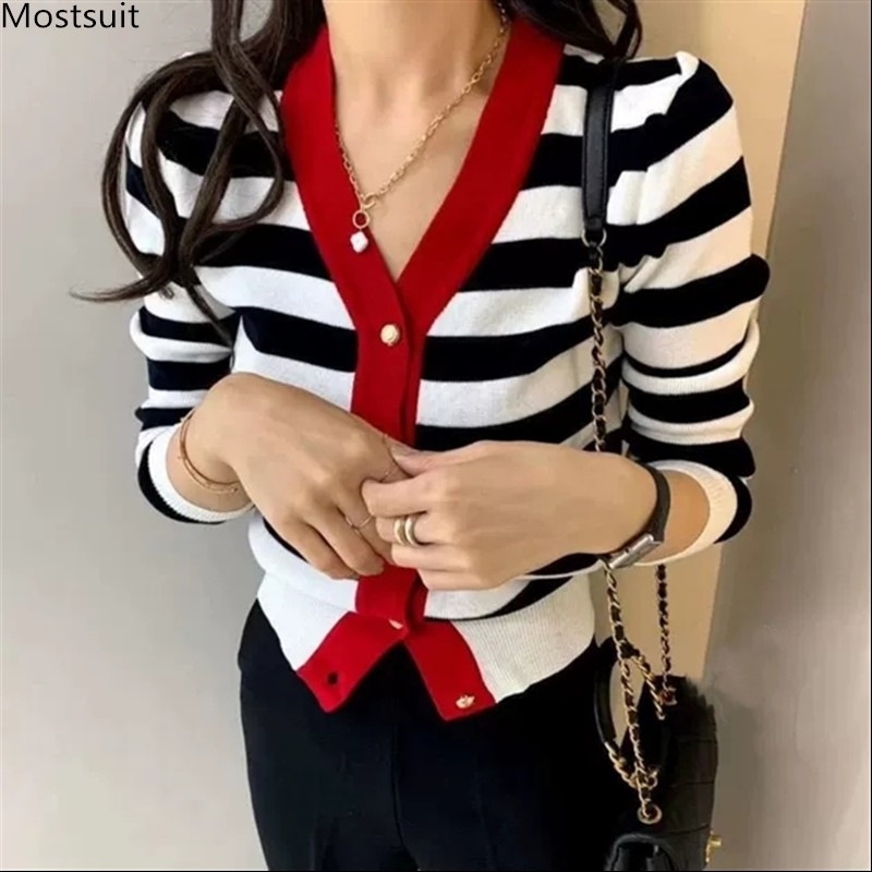 Spring Autumn Fashion Vintage Women Striped Cardigan Long Sleeve V-neck Single-breasted Sweater Ladies Korean 210514