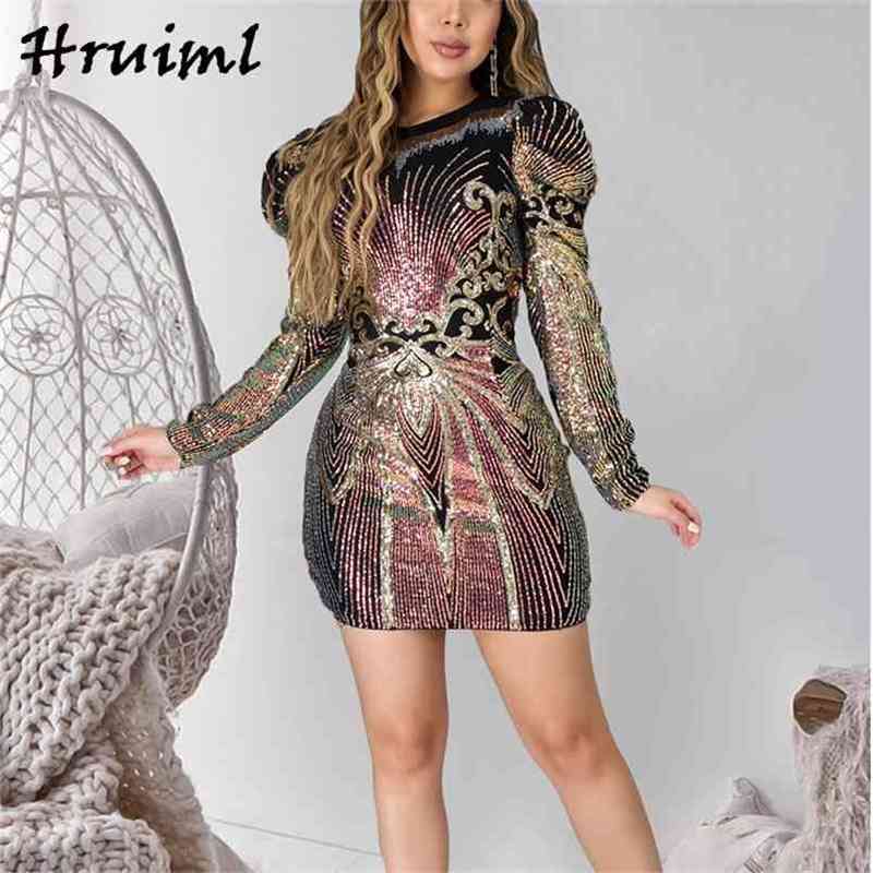 Glitter Dress Women Fashion Mesh Patchwork Mini Dresses Arrival Slim Long Sleeve Night Club Party Vestidos De Verano 210513