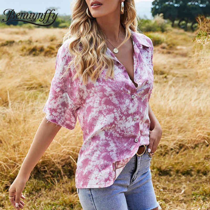 Turn-down Collar Pocket Tie Dye Short Sleeve Shirt Women Summer Tops Fashion Street Style Button Up Casual Shirts 210510