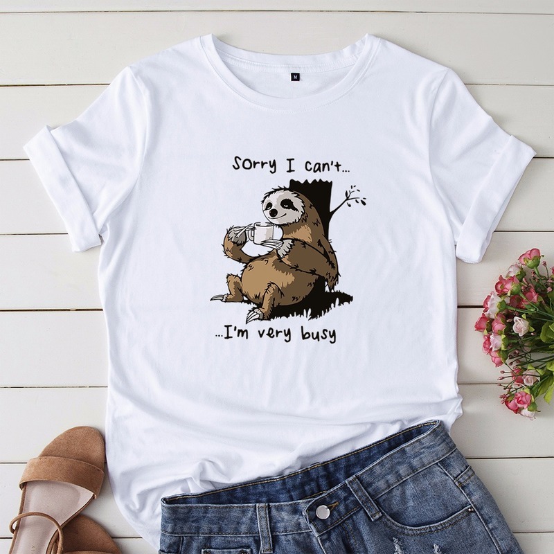 JCGO Women T-shirt Summer Short Sleeve Cotton Plus Size S-5XL Cute Lazy Sloth Print Funny Casual O Neck Female Tshirt Tees Tops 210406