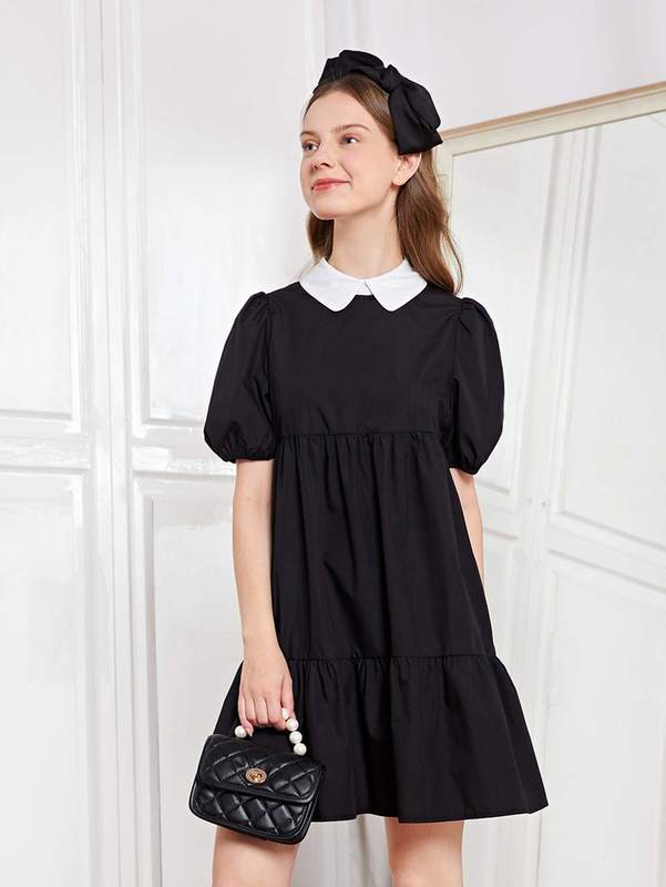 Teen Girls Contrast Collar Ruffle Hem Puff Sleeve Dress SHE