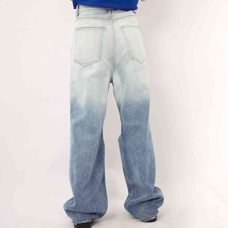 Streetwear Gradient Color Jeans Women's Summer High Waist Hole Loose Straight Denim Pants Female Tide 5E312 210427