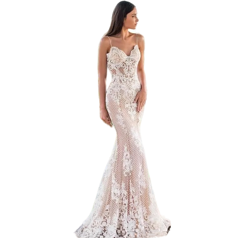 Sexy Boho Lace Mermaid Wedding Dress Spaghetti Straps Long beach Bridal Gowns Pattern Lace Appliqued Middle East Bride Dresses 2022 Summer Robe De Mar