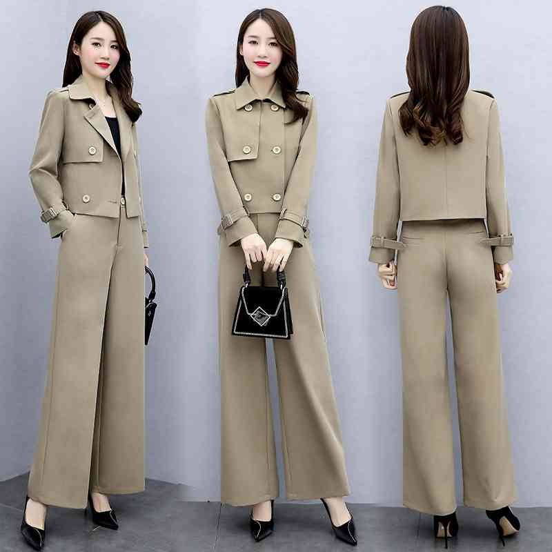 Autumn Fashion Office Two Piece Sets Suits Women Double-breasted Coat + Wide Leg Pants Outfits Workwear Ladies Femme 210514