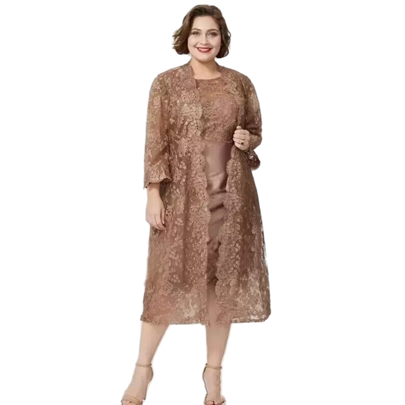 Elegant Plus Size Lace Mother of the Bride Dresses Suits With Long Jacket Brown Long Sleeves Knee Length Sheath Mother's Formal Evening Dress Gue