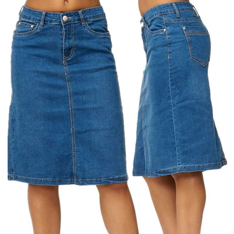 Denim Skirt Women Fashion Casaul Stretch Knee Length Washed Blue Skirts Plus Size Pockets Pure Color Office Female 210621